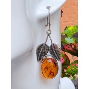 Vintage Sterling Silver Baltic Amber Leaf French Wire Dangle Earrings